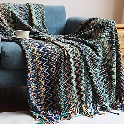 Fennco Styles Knitted Zigzag Soft Boho Throw Blanket with Tassel 50" W x 60" L - Colorful Crochet Chevron Tapestry Blanket for Indoor Outdoor Use, Couch, Bedroom, Living Room, Office Décor