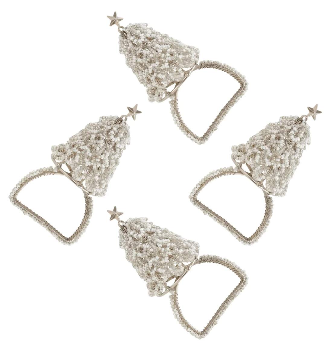 Fennco Styles Hand Beaded Christmas Tree Metal Napkin Rings, Set of 4 - Silver Decorative Napkin Holders for Home, Dining Room, Banquet, Family Gathering, Holiday and Special Occasion