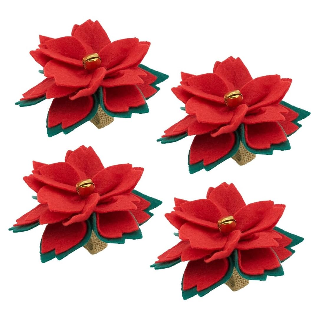 Fennco Styles Felt Poinsettia Holiday Napkin Rings, Set of 4 - Red Festive Flower Decorative Napkin Holders for Dining Table, Family Gatherings, Christmas Décor and Special Occasions