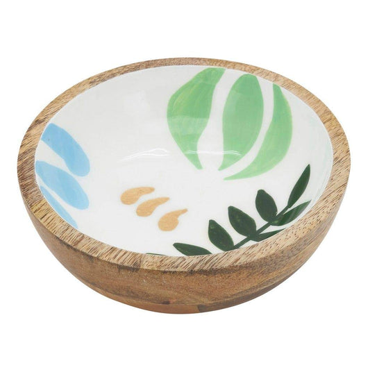 Fennco Styles 7" Round Mango Wood Serving Bowl with Multicolor Leaves Enamel Design for Fruits, Salads, Sides, Home, Kitchen Décor and Holiday Gatherings