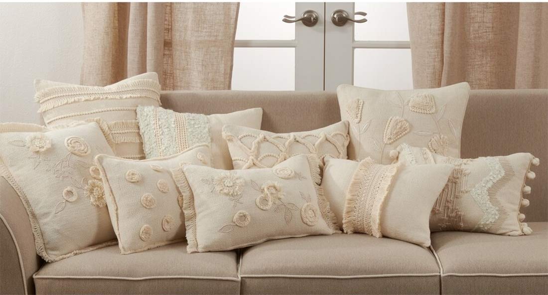 Fennco Styles Delicate Tufted Fringe Applique Cotton Decorative Throw Pillow Cover & Insert 12 x 18 Inch - Ivory Accent Cushion for Home, Couch, Living Room and Everyday Décor