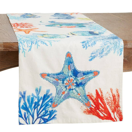 Fennco Styles Coastal Sea Life Embroidered Cotton Table Runner 16" W x 72" L - Multicolored Nautical Table Cover for Everyday Use, Family Gathering, Banquets, and Special Occasions