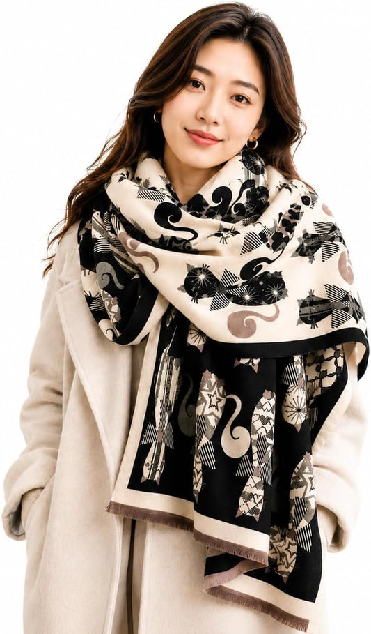 stylesilove Women's Cat Print Shawl Wrap, Soft Reversible Acrylic Scarf, Oversized Winter Poncho Cape for Travel & Gifts