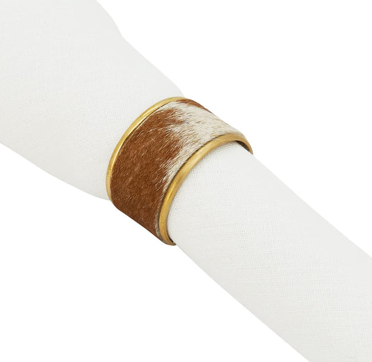 Fennco Styles Elegant Cowhide Brass Napkin Rings, Set of 4 - Brown Metal Napkin Holder for Everyday Use, Dining Table Décor, Banquets, Holidays and Special Occasion