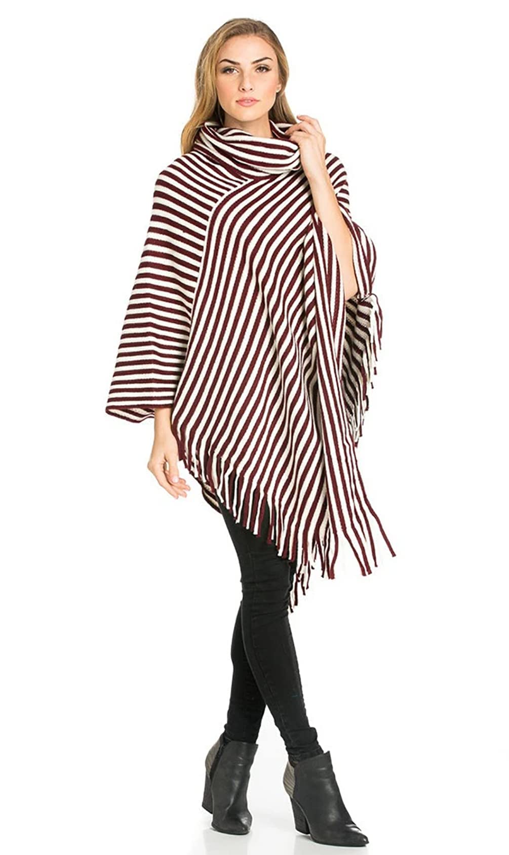 stylesilove Women Autumn Winter Knit Striped Turtleneck Fringe Poncho Pullover Shawl Warm Soft Wrap Lightweight Cape