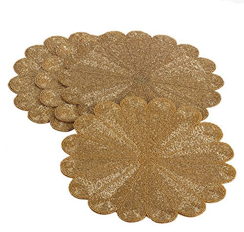 Fennco Styles Flower Design Handmade Beaded 15-inch Round Placemat - 1-Piece - Elegant Table Mat for Banquets, Family Gathering, Special Events and Home Décor