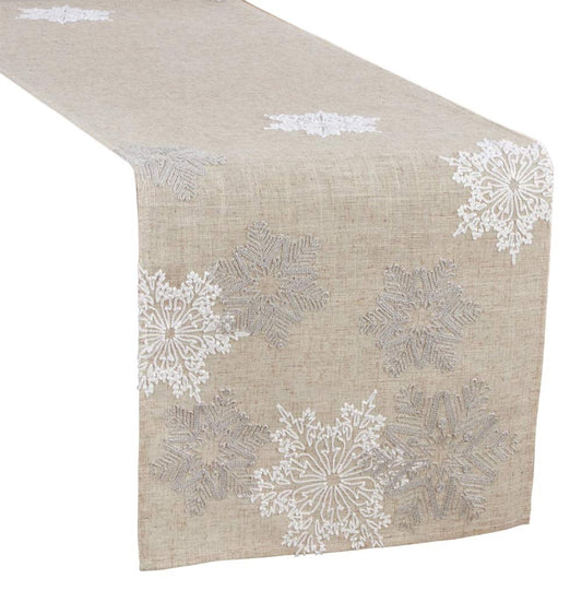 Fennco Styles Snowflake Embroidery Table Runner 16x70 Inch Rectangular – Natural Table Cover for Home Décor, Dining Table, Banquets, Holidays and Special Occasions