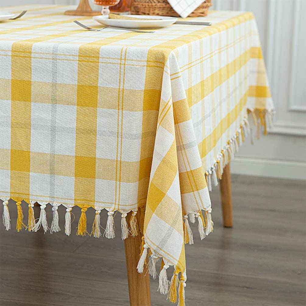 Fennco Styles Cotton Blend Woven Plaid Tassels Tablecloth 56" W x 40" L - Yellow & White Table Cover for Banquets, Holidays, Special Events, Home Décor and Everyday Use