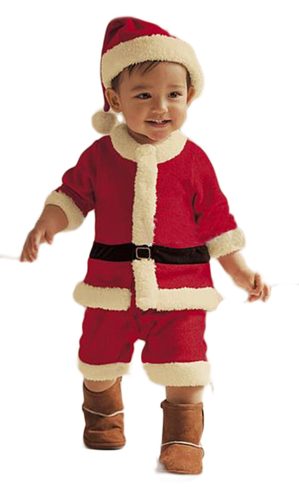 stylesilove Baby Boy Santa Claus Christmas Long Sleeve Fleece Romper with Hat 2pcs Red Winter Holiday Outfit