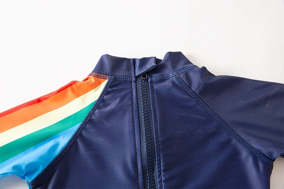 stylesilove Little Boys Rocket Rainbow One-Piece Rash Guard Swimsuit & Sun Hat 2pcs Set Navy Bathing Suit Beach Swimwear