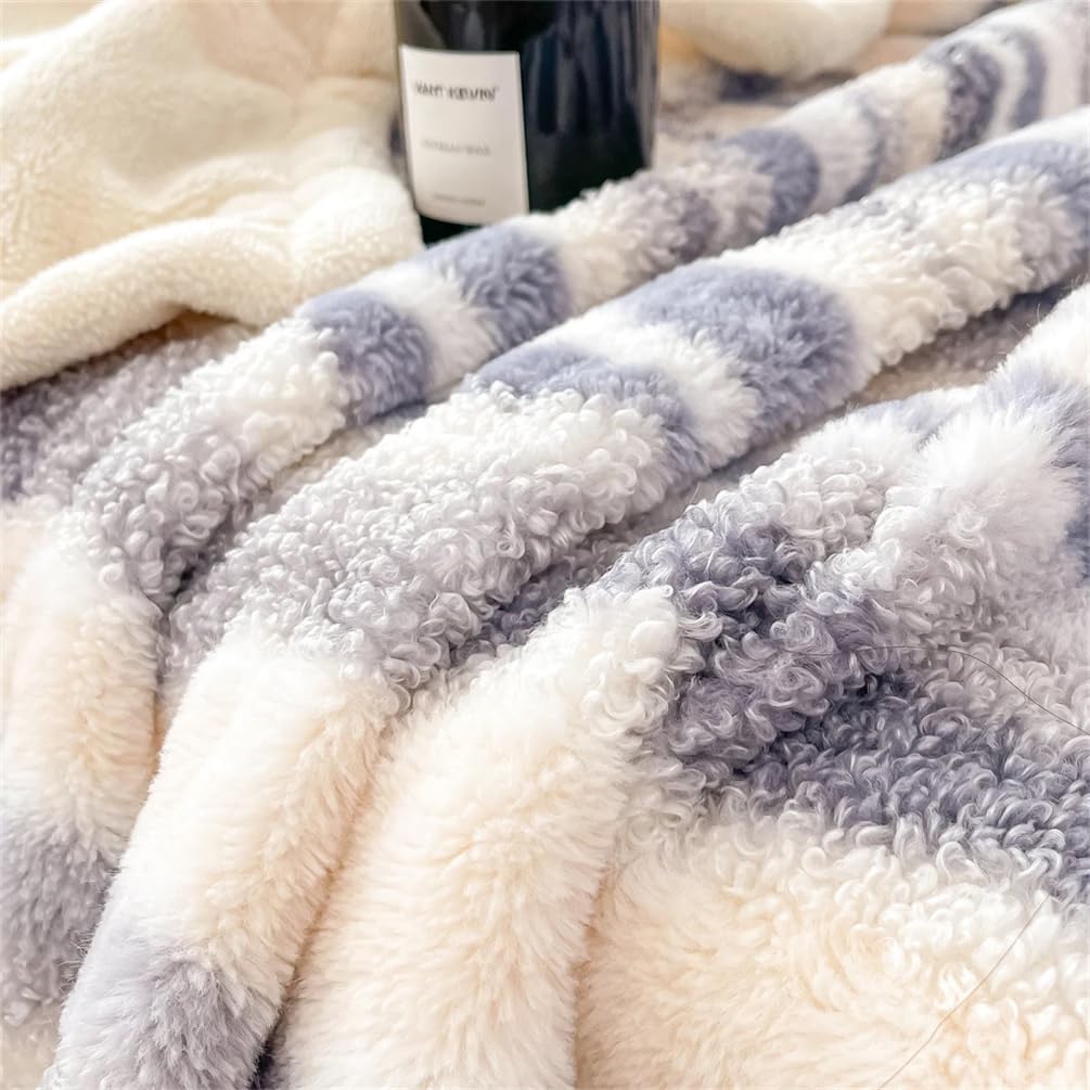 Fennco Styles Beige Stripe Fuzzy Faux Fur Fleece Throw Blanket 60" W x 80" L – Reversible Plush Fluffy Soft Blanket for Home, Couch, Bedroom, Living Room, Office, and Holiday Décor