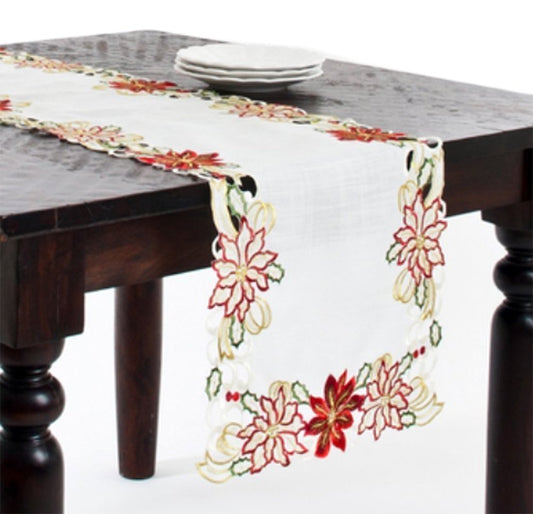 Fennco Styles Embroidered & Cutwork Poinsettia Design Ivory Table Runner, 16"x72" Rectangular