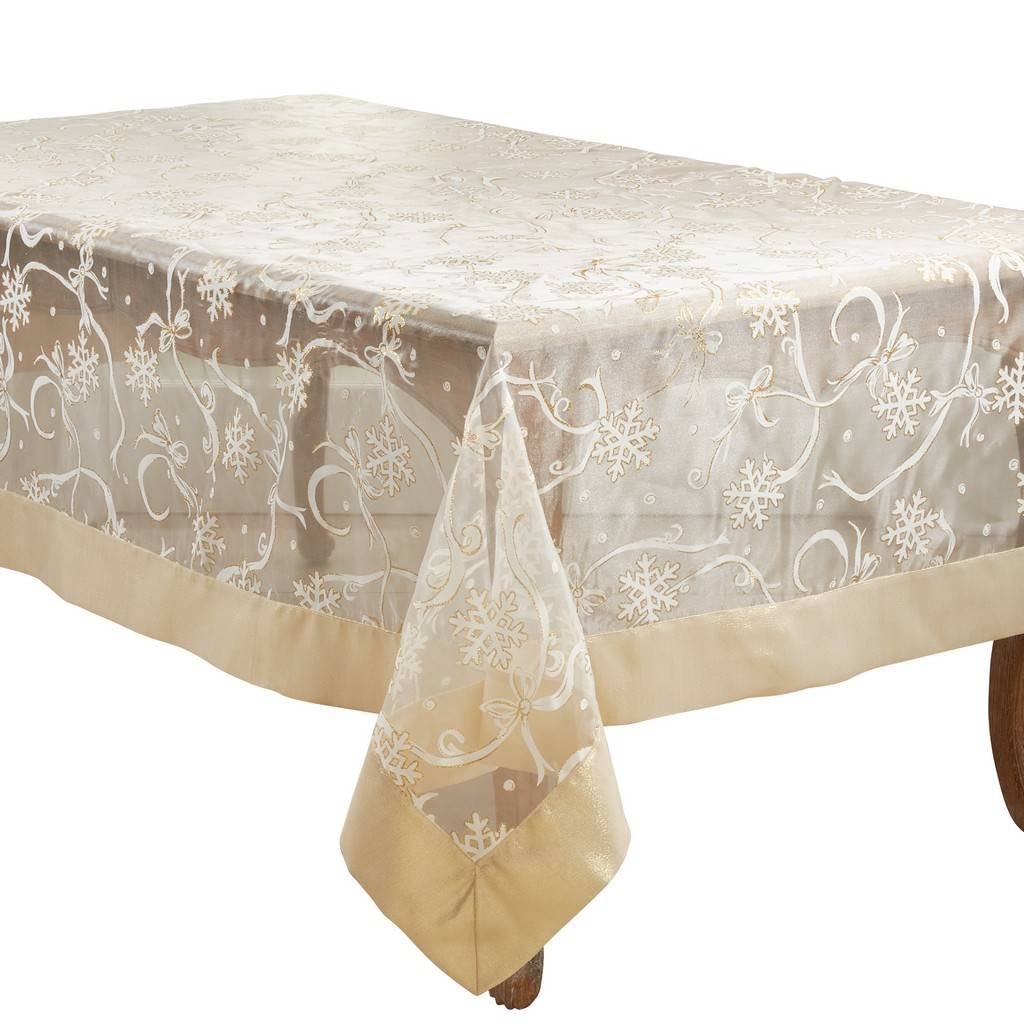 Fennco Styles Printed Snowflake & Ribbon Semi-Sheer Tablecloth - Gold Festive Table Topper for Home Décor, Banquets, Christmas, Holiday and Special Events