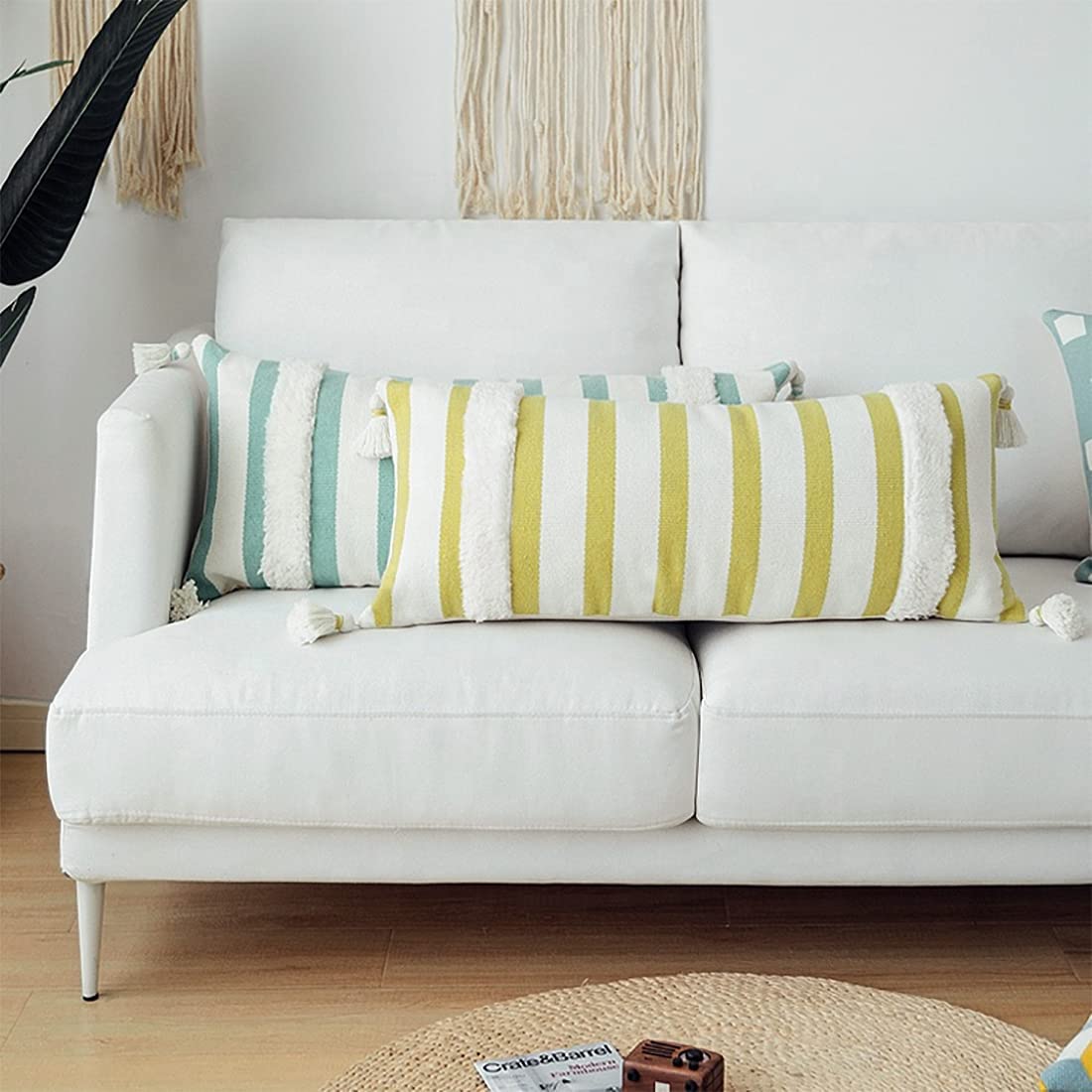 Fennco Styles Handcrafted Tufted Striped Tassel Decorative Lumbar Throw Pillow Cover 14" W x 32" L - Cushion Case for Home, Couch, Living Room, Bedroom, Office Décor