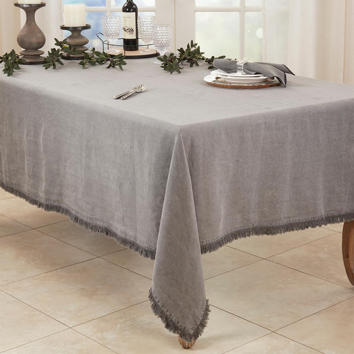 Fennco Styles Stonewashed Fringe Design 100% Linen Tablecloth - Ivory Table Cover for Holidays, Dining Table, Everyday Use, Banquets and Special Occasion