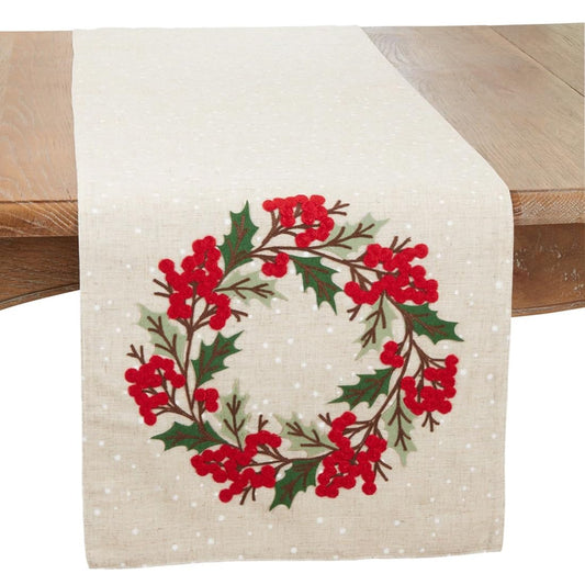Fennco Styles Holly Berry Wreath Christmas Table Runner 16"W x 70"L - Natural Festive Linen Blend Table Cover for Winter Holidays Décor, Dining Table, Banquet, Family Gathering, and Special Occasions