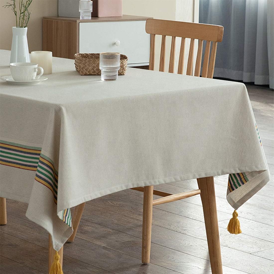 Fennco Styles Classic Striped Tassel Woven Tablecloth 55" W x 55" L - Ivory Table Cover for Banquets, Holiday, Special Events, Home, Dining Room Décor and Everyday Use
