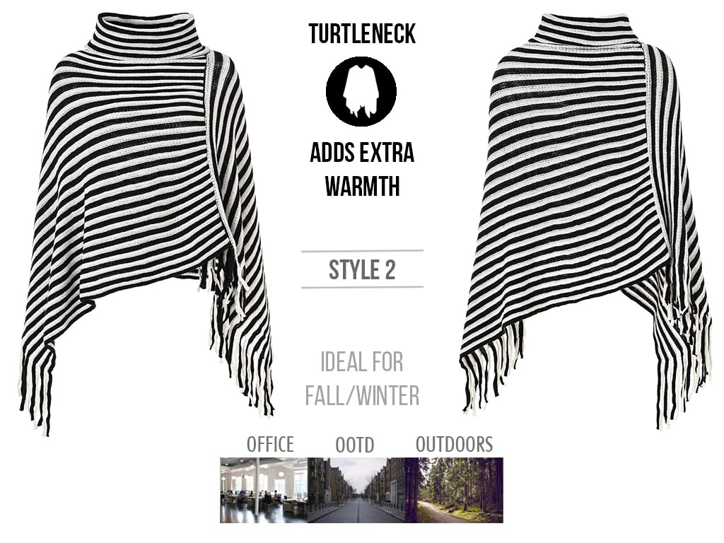 stylesilove Women Autumn Winter Knit Striped Turtleneck Fringe Poncho Pullover Shawl Warm Soft Wrap Lightweight Cape