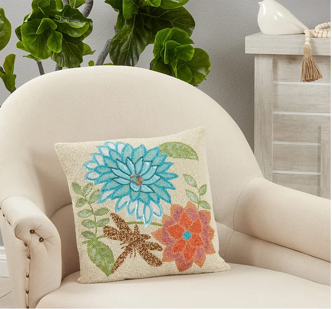 Fennco Styles Hand Beaded Dragonfly Flower Cotton Decorative Throw Pillow 16" W x 16" L - Multicolored Floral Cushion for Home, Couch, Living Room, Seasonal Décor, Special Occasion