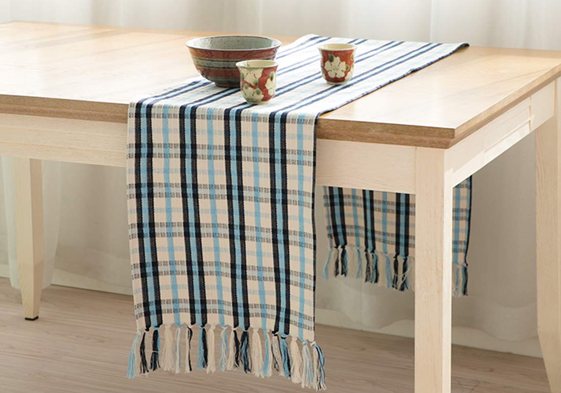 Fennco Styles Woven Tartan Plaid Tassels Cotton Blend Tablecloth - Blue and Ivory 55 x 55 inch Square Table Cover for Banquets, Holiday, Special Events and Home Décor