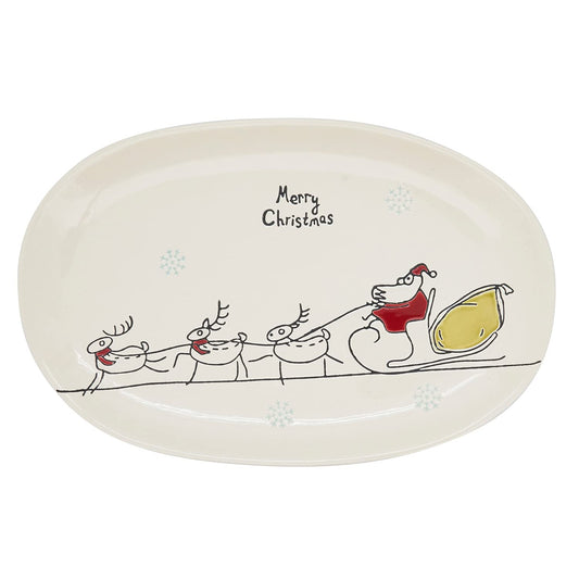 Fennco Styles Santa's Sleigh Stoneware Oval Serving Platter 12" x 7" - White Serving Tray Dishwasher Microwave Safe for Christmas Décor, Kitchen, Family Gathering and Special Occasion