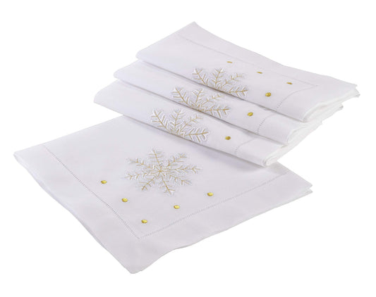Fennco Styles Christmas Towel Embroidered and Hemstitched Snowflake Christmas Design Napkin - 20" Square - Sold of 4