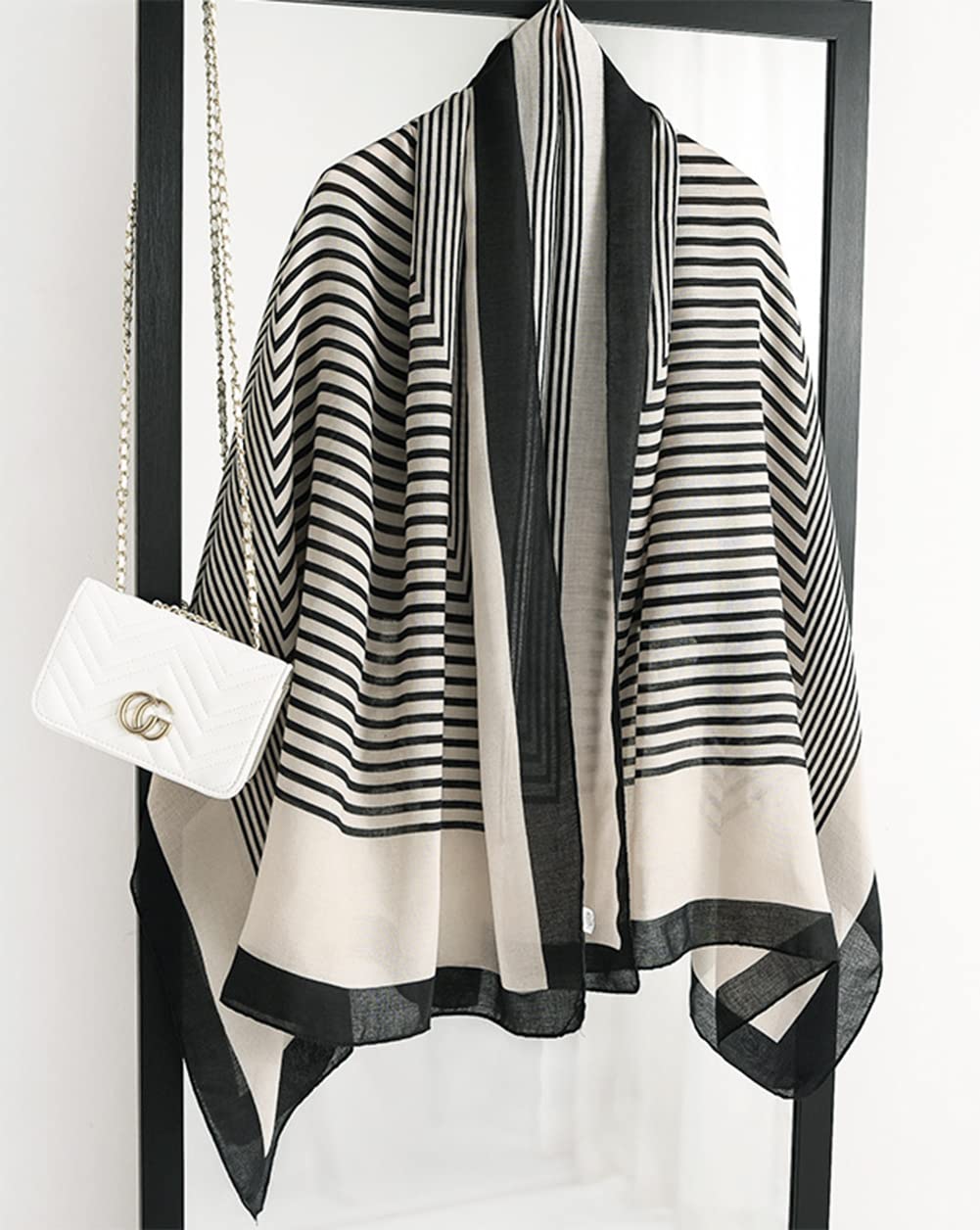stylesilove Women Girls Elegant Striped Print Oblong Cotton Linen Scarf Lightweight Autumn Wrap Shawl