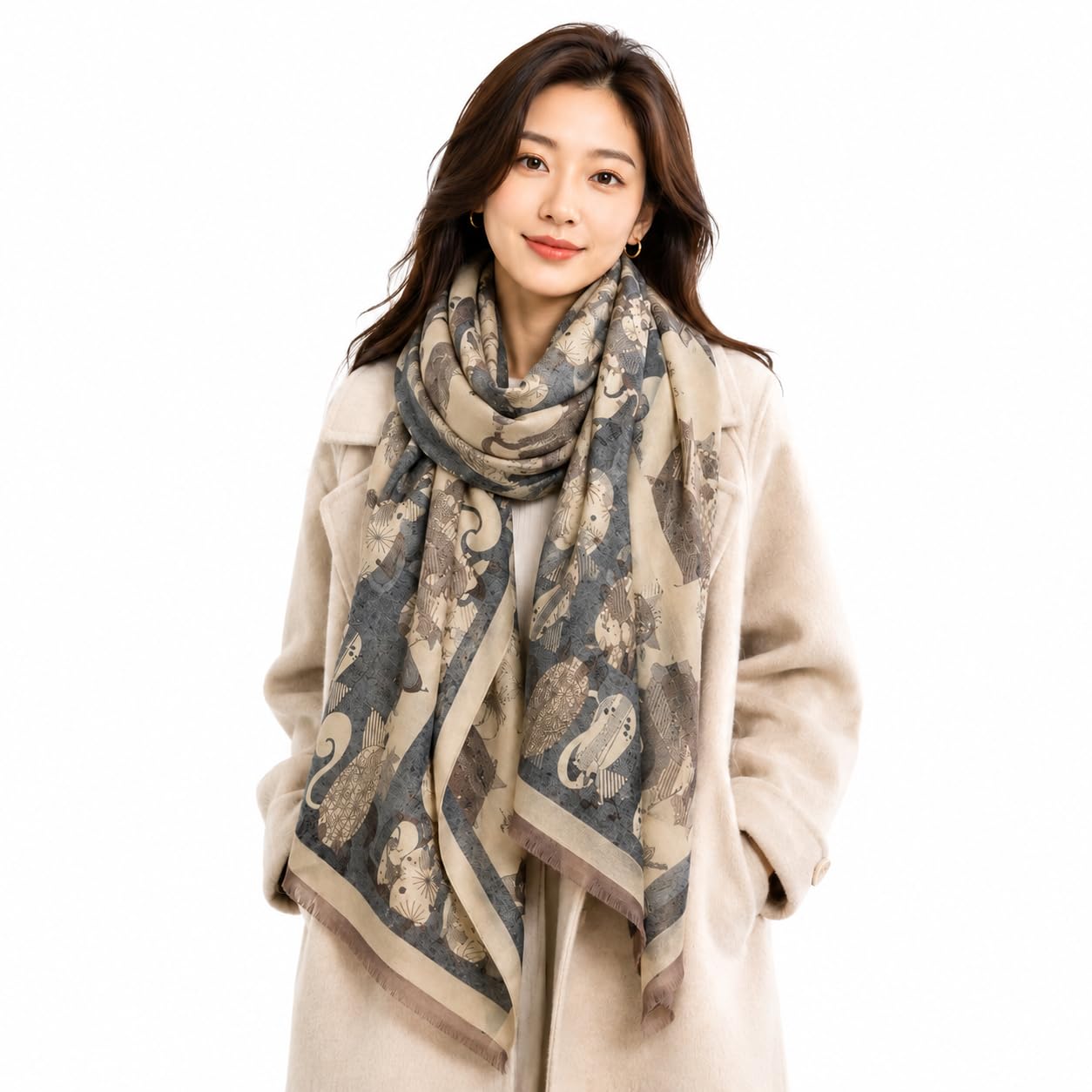 stylesilove Women's Cat Print Shawl Wrap, Soft Reversible Acrylic Scarf, Oversized Winter Poncho Cape for Travel & Gifts