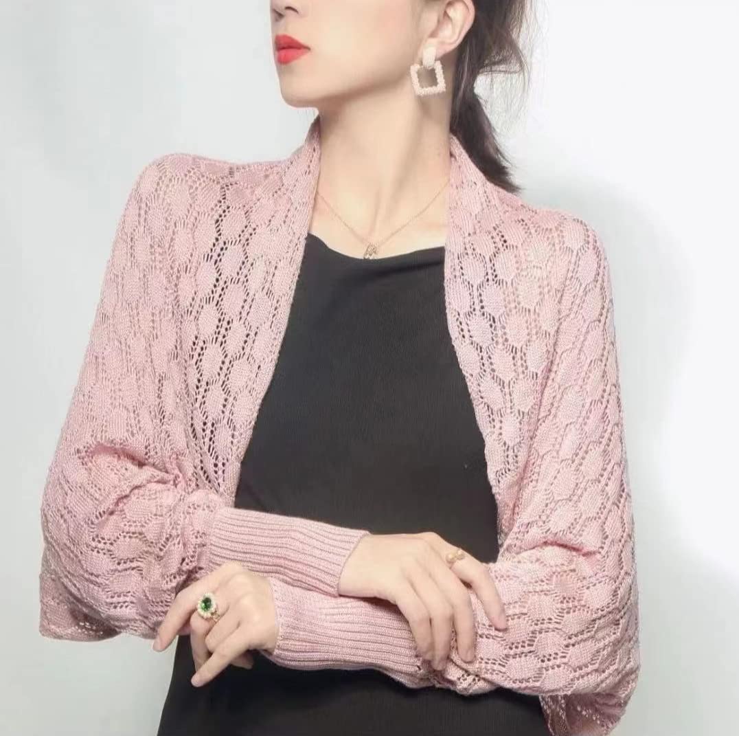 stylesilove Women Lightweight Crochet Hollow Bolero Shrug Long Sleeve Cardigan Soft Sweater Open Front Cape Shawl