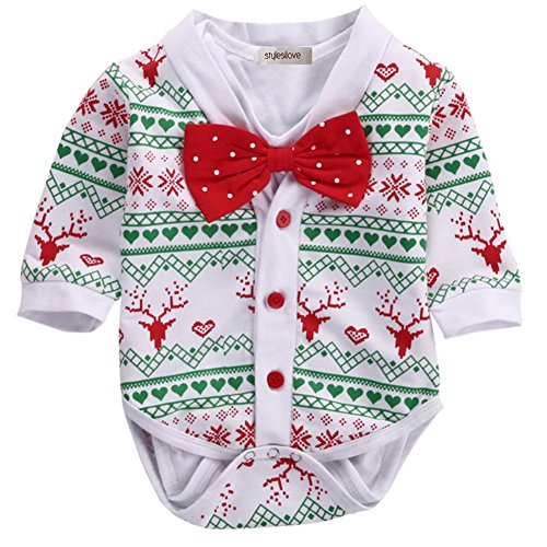 stylesilove Infant Baby Boy Jumpsuit with Red Bowtie and Holiday Character Onesie Cardigan Christmas 2 pcs Outfit Set