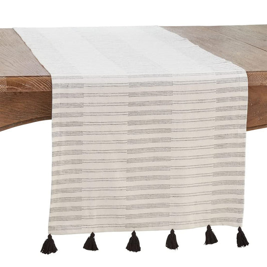Fennco Styles Modern Striped Cotton Tassels Table Runner 16" W x 72" L - Black & White Woven Table Cover for Home Décor, Dining Table, Banquets, Family Gathering and Special Events