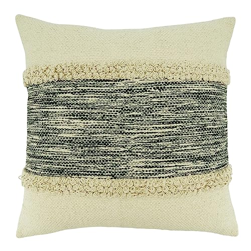 Fennco Styles Stripe Chindi Design Cotton Decorative Throw Pillow 20" W X 20" L – Black & Natural Textured Cushion for Couch, Sofa, Bedroom, Office and Living Room Décor