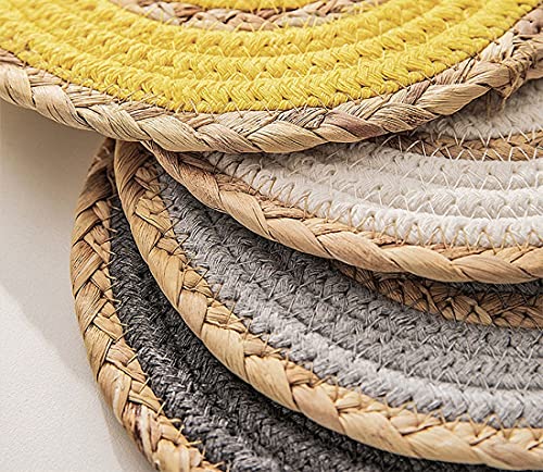 Fennco Styles Hand-Woven Rattan Cotton Rope Braided Placemats 12-Inch Round, Set of 4 - Heat Resistant Insulation Table Mats for Home, Boho Décor, Dining Table, Banquets and Special Events