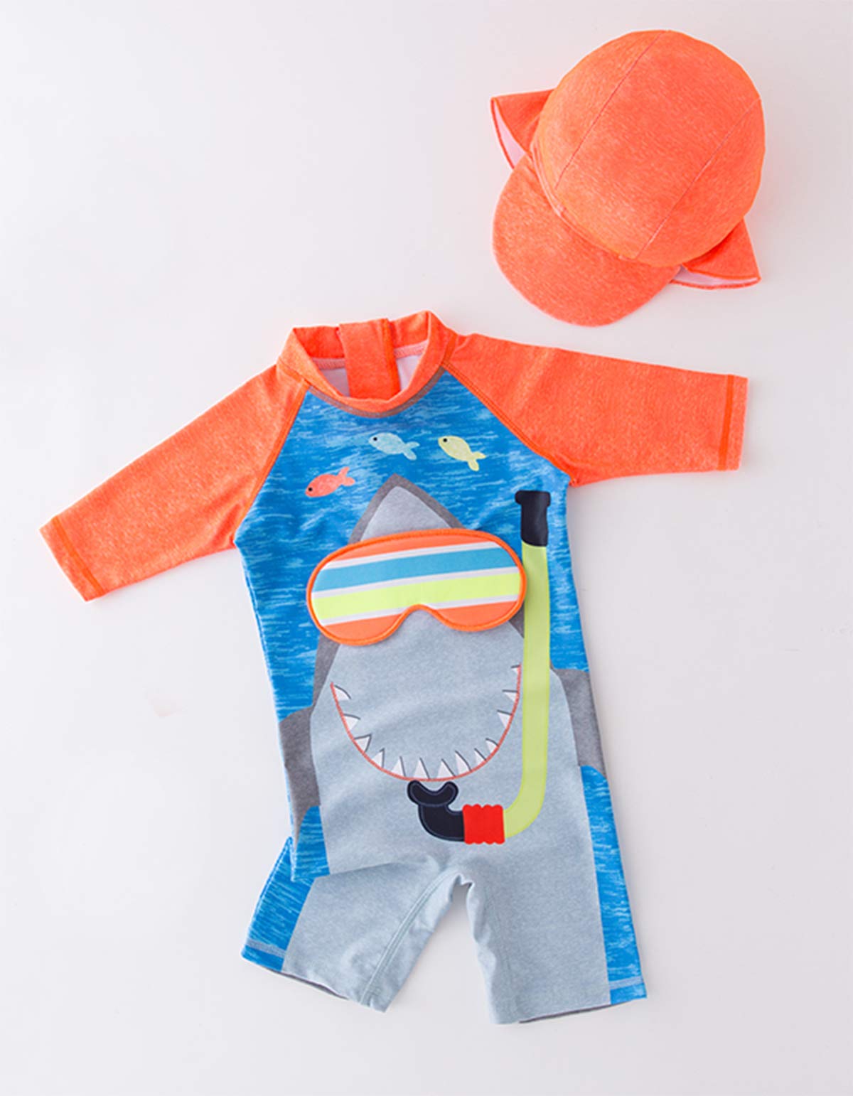 stylesilove Little Boys Shark with 3D Swim Glasses One-Piece Rash Guard Swimsuit with Sun Hat 2pcs Beach Swimwear