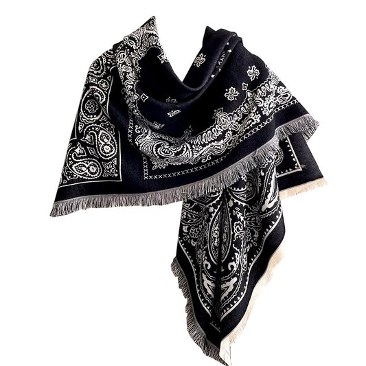 stylesilove Women Black Paisley Reversible Cashmere Scarf Warm Ultra Soft Square Shawl Lightweight Wraps for Autumn and Winter