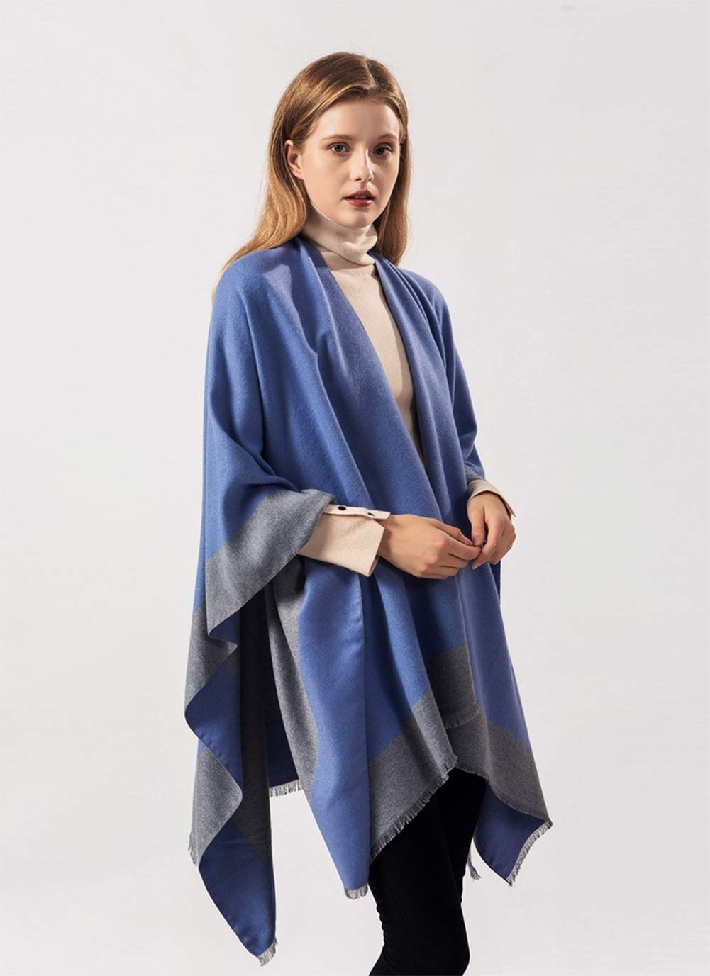 stylesilove Women Knitted Blue Open Front Poncho Cape Cardigan Cozy Wrap Jacket for Fall and Winter