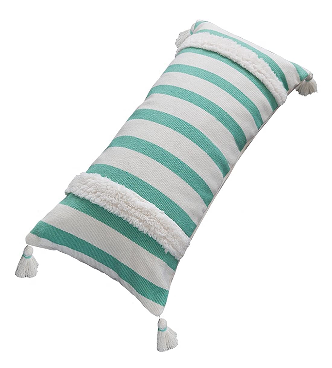 Fennco Styles Handcrafted Tufted Striped Tassel Decorative Lumbar Throw Pillow Cover 14" W x 32" L - Cushion Case for Home, Couch, Living Room, Bedroom, Office Décor