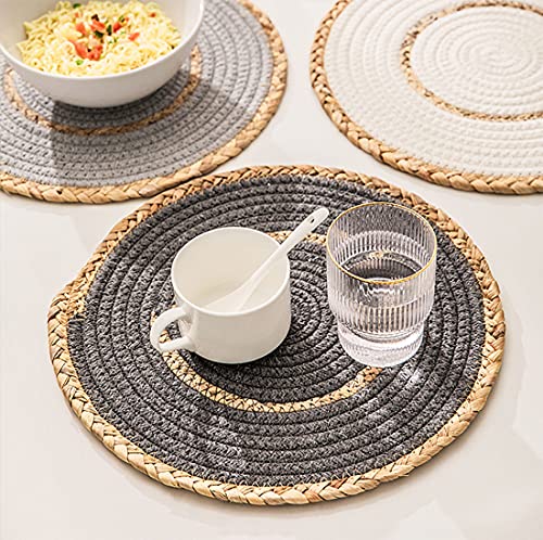 Fennco Styles Hand-Woven Rattan Cotton Rope Braided Placemats 12-Inch Round, Set of 4 - Heat Resistant Insulation Table Mats for Home, Boho Décor, Dining Table, Banquets and Special Events