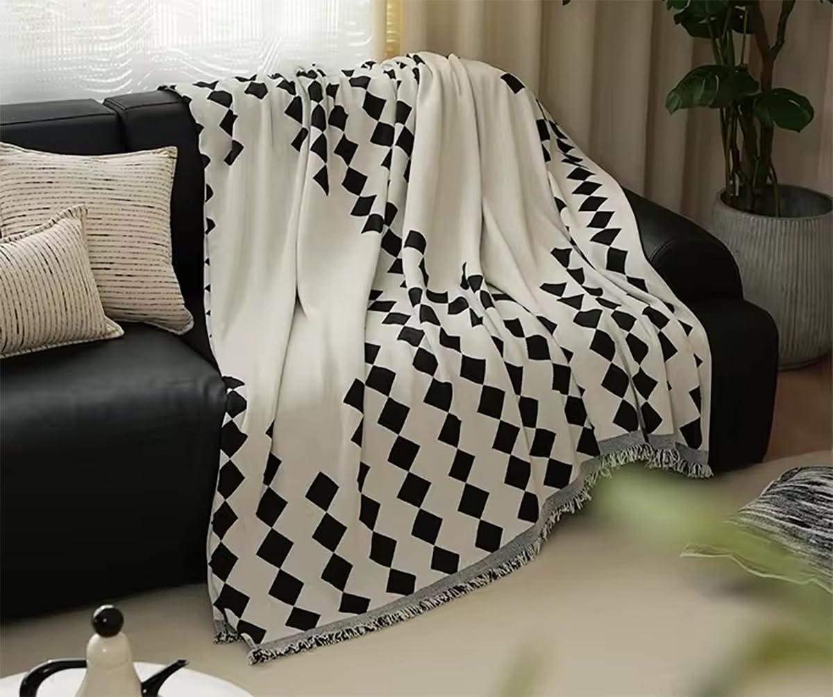 Fennco Styles Diamond Fringe Chenille Reversible Throw Blanket 50" W x 72" L - Black and White Geometric Woven Soft Blanket for Bed, Couch, Sofa, Home, Office and Holidays Décor