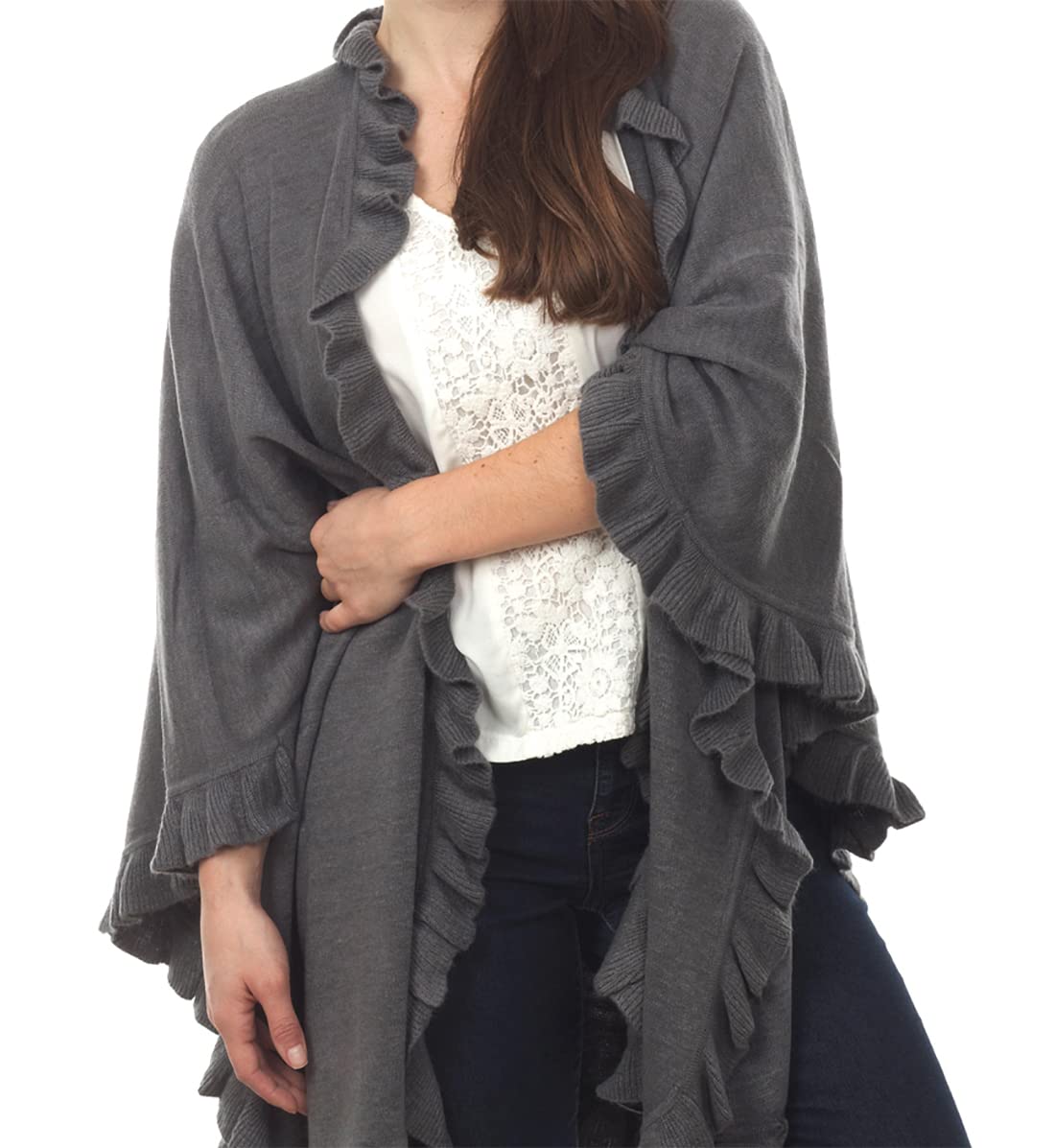 Fennco Styles Women's Ruffle Trim Knit Open Front Poncho Cape Shawl - Fall Wrap Jacket, Cozy and Stylish Layering Piece