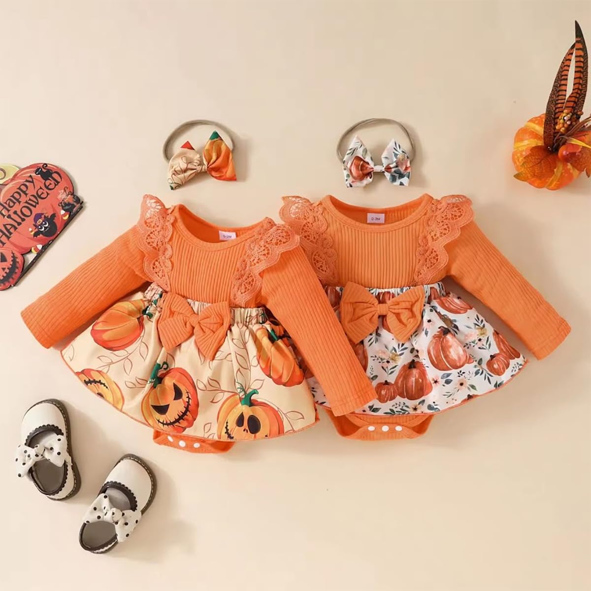 stylesilove Infant Baby Girl Orange Fall Pumpkin Long Sleeve Lace Romper Dress & Bow Headband 2pcs Autumn Harvest Outfit