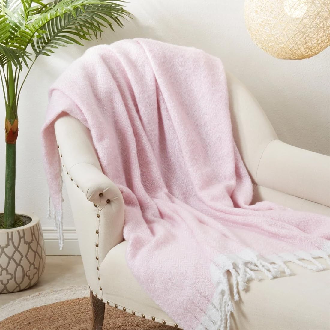 Fennco Styles Faux Mohair Herringbone Throw Blanket 50" W x 60" L – Natural Cozy Fringe Blanket for Home, Couch, Bedroom, Living Room, Office, and Holiday Décor