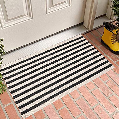 Fennco Styles Woven Classic Striped Area Rug 24" W x 51" L - Navy Blue Cotton Blend Carpet Indoor Outdoor Floor Mat for Living Room, Entryway, Bedroom and Floor Décor