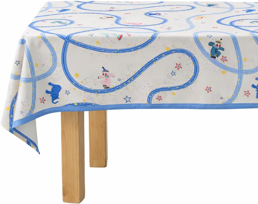 Fennco Styles Playful Circus Scalloped Tablecloth 56" x 71" – Whimsical Fun Animal & Star Print Table Cover for Kids & Family Table Decor for Daily Meals, Parties & Playdates
