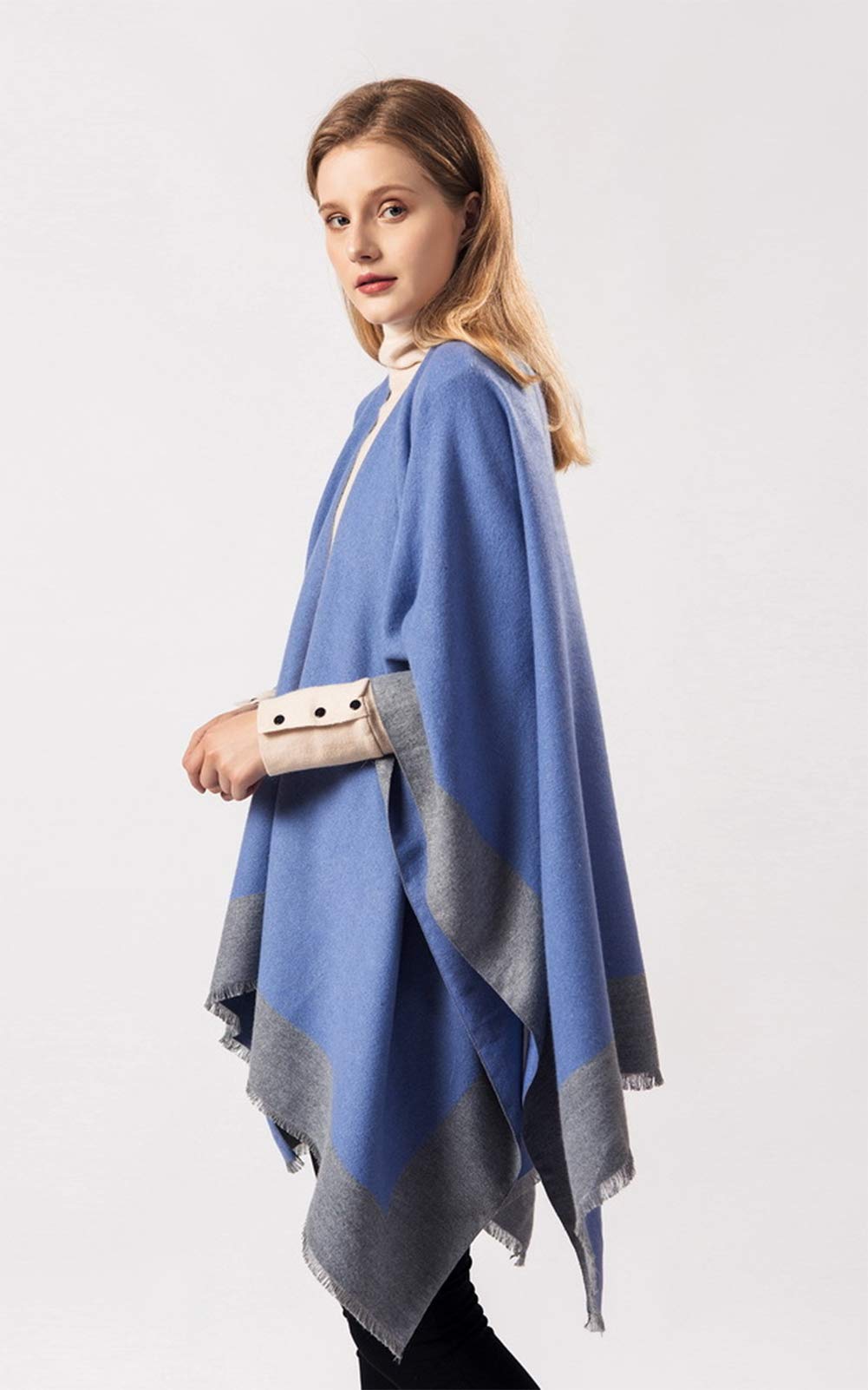 stylesilove Women Knitted Blue Open Front Poncho Cape Cardigan Cozy Wrap Jacket for Fall and Winter