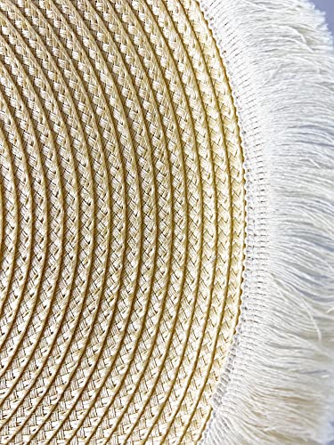 Fennco Styles Hand Braided Fringe Boho Placemats 15 Inch Round, Set of 4 - Beige & White Woven Textured Table Mats for Home, Dining Room, Banquets, Family Gathering and Special Occasion