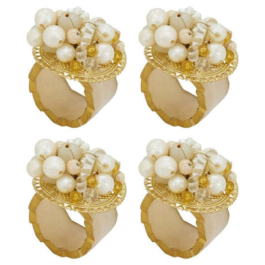 Fennco Styles Beaded Radiance Resin Napkin Rings, Set of 4 - Ivory Elegant Napkin Holders for Home, Dining Table, Banquets Décor, Weddings and Special Occasions