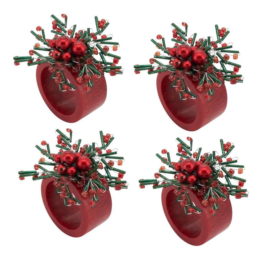 Fennco Styles Finery Beaded Holiday Napkin Rings, Set of 4 - Red Festive Decorative Napkin Holders for Home, Dining Table, Family Gatherings, Christmas Décor and Special Occasions