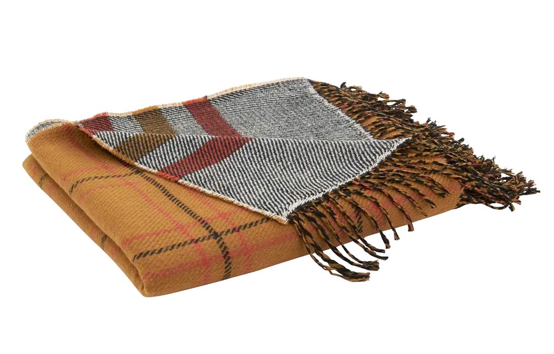Fennco Styles Reversible Plaid Stripes Fringe Throw Blanket 50" W x 60" L – Rust Knitted Blanket for Couch, Bedroom and Living Room Décor