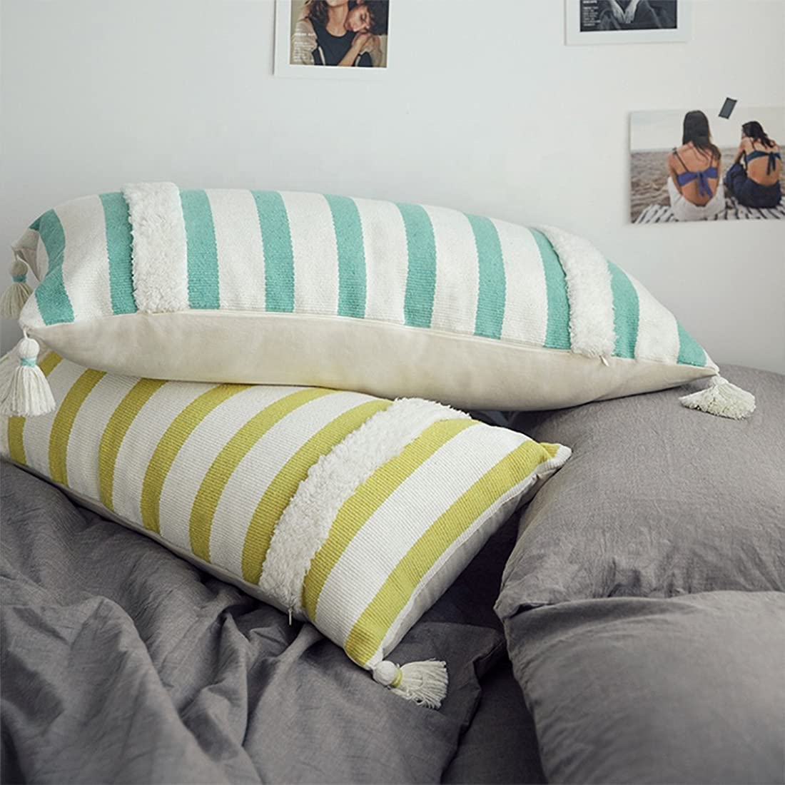 Fennco Styles Handcrafted Tufted Striped Tassel Decorative Lumbar Throw Pillow Cover 14" W x 32" L - Cushion Case for Home, Couch, Living Room, Bedroom, Office Décor